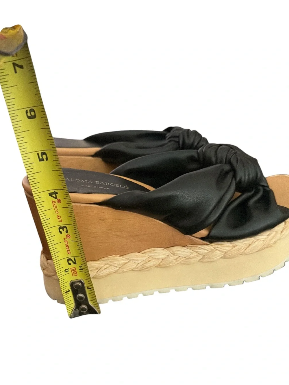 Paloma Barceló Black Leather Knot Wedge Sandals Raffia Wood Platform Sz 7